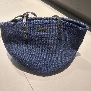 Clare V Woven Straw Tote Bag Dark Blue Medium
